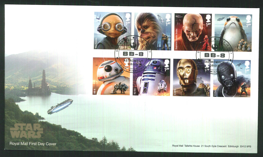 2017 - First Day Cover "Star Wars", Royal Mail, Star, Winscombe (BB-8) Postmark